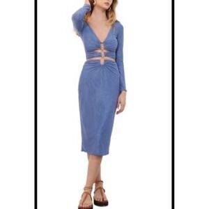 vix paula hermanny Luna Dress Blue Cut Out Ruched Midi Long Sleeve Size Sp